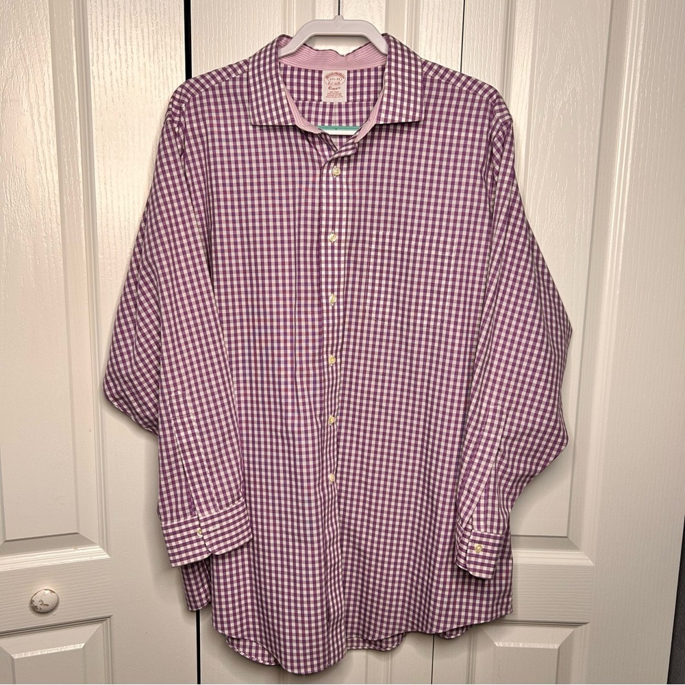 Brooks Brothers Mens 17 - 33 Purple White Plaid Regent Cotton Button Up Non Iron